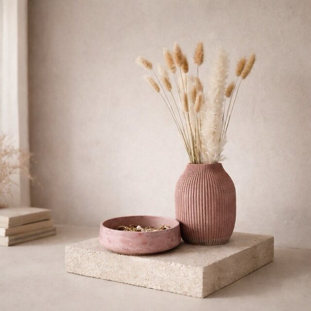 Ribbed Cement Vase and Bowl